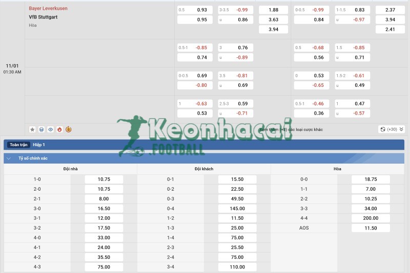 Soi kèo Bayer Leverkusen vs Stuttgart - 0h30 ngày 11/01 - Bundesliga 4 Tỷ lệ kèo Bayer Leverkusen vs Stuttgart