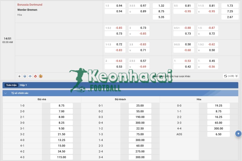 Soi kèo Dortmund vs Werder Bremen - 2h30 ngày 14/01 - Bundesliga 4 Tỷ lệ kèo Dortmund vs Werder Bremen